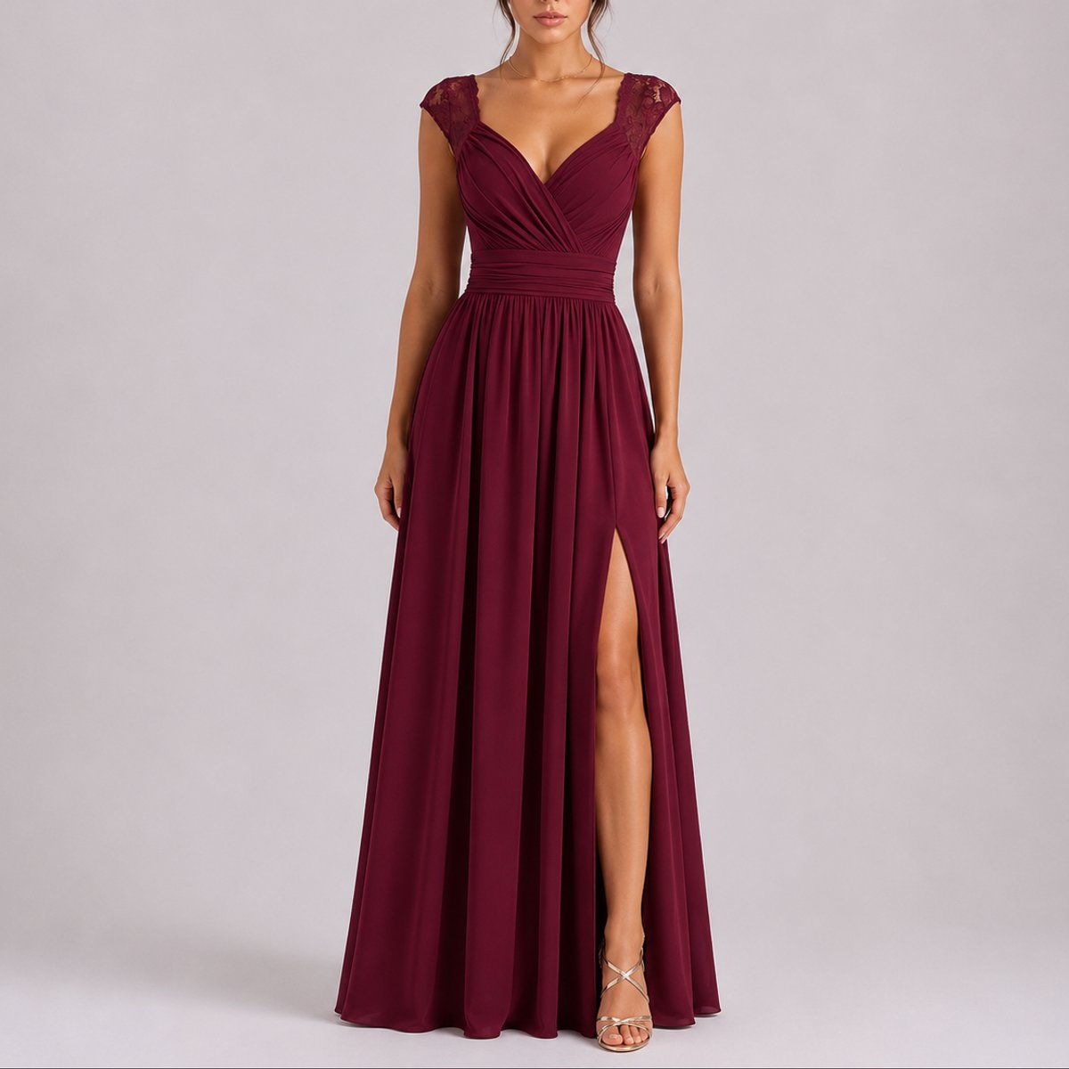Robe longue dentelle fendue, bordeaux