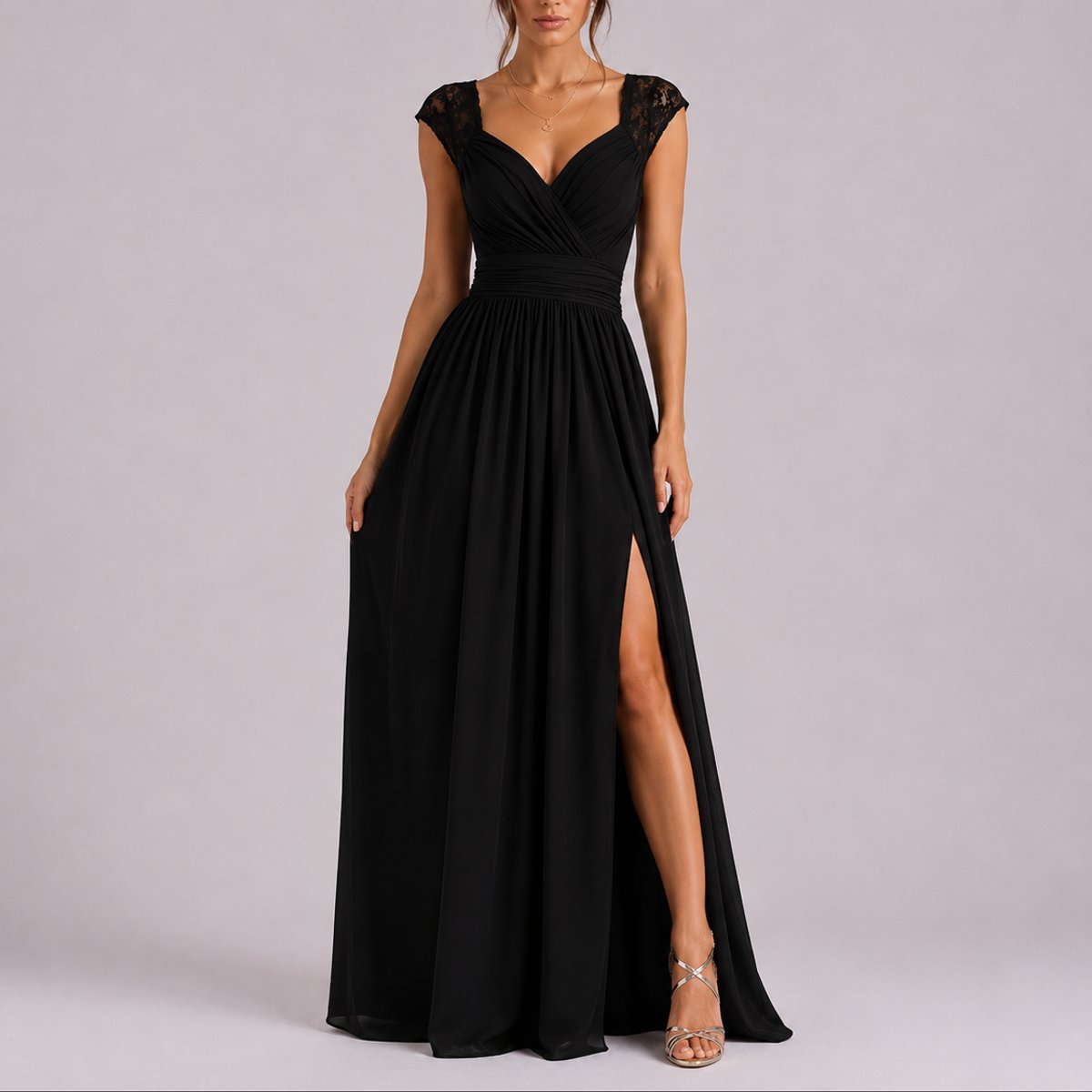 Robe longue dentelle fendue, noir