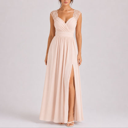 Robe longue dentelle fendue, nude