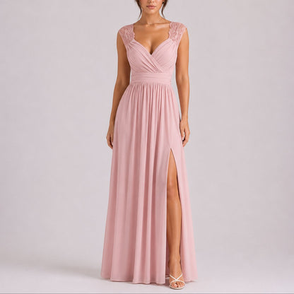 Robe longue dentelle fendue, rose poudré