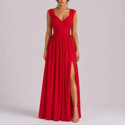 Robe longue dentelle fendue, rouge