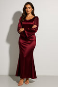 Robe longue satin sirène, bordeaux