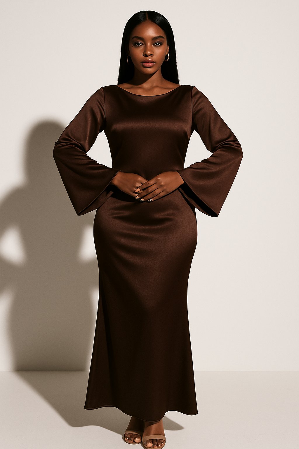 Robe longue satin sirène, marron foncé