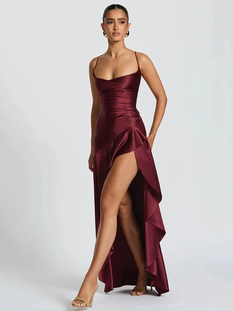 Robe longue fendue à volant pour femme