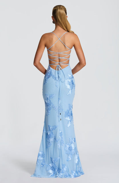 Robe longue fleurie corset, coloris bleu ciel, vue de dos