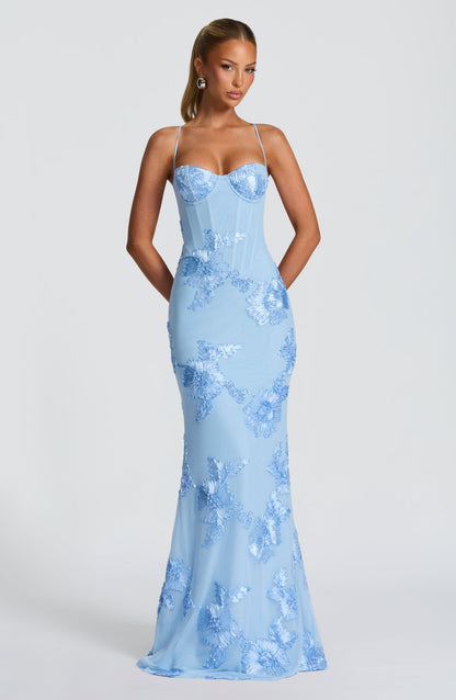 Robe longue fleurie corset, coloris bleu ciel, vue de face
