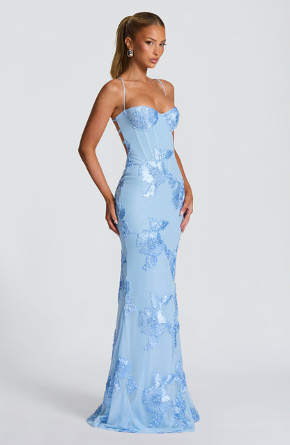 Robe longue fleurie corset, coloris bleu ciel, vue de trois quarts
