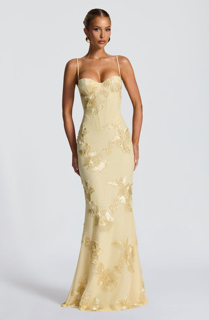 Robe longue fleurie corset, coloris jaune, vue de face