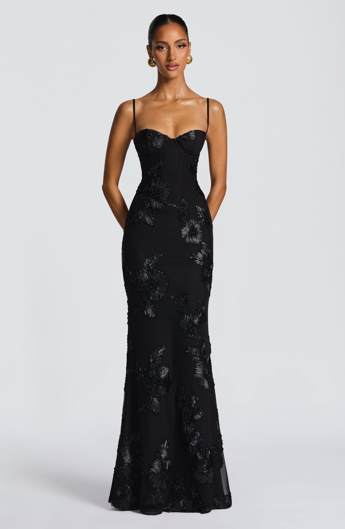 Robe longue fleurie corset, coloris noir, vue de face
