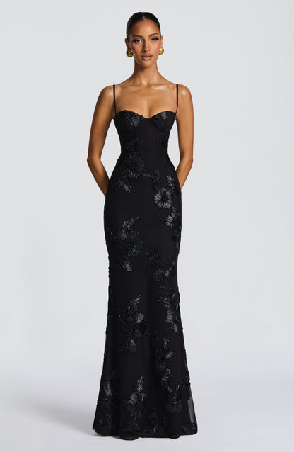 Robe longue fleurie corset, coloris noir, vue de face