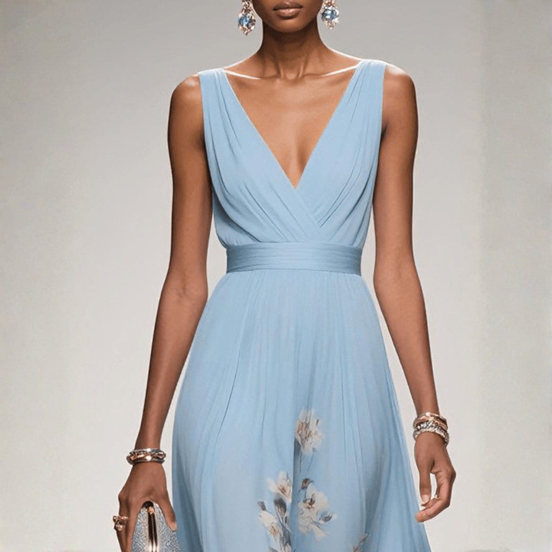 Robe longue à fleurs pour femme, décolleté en V