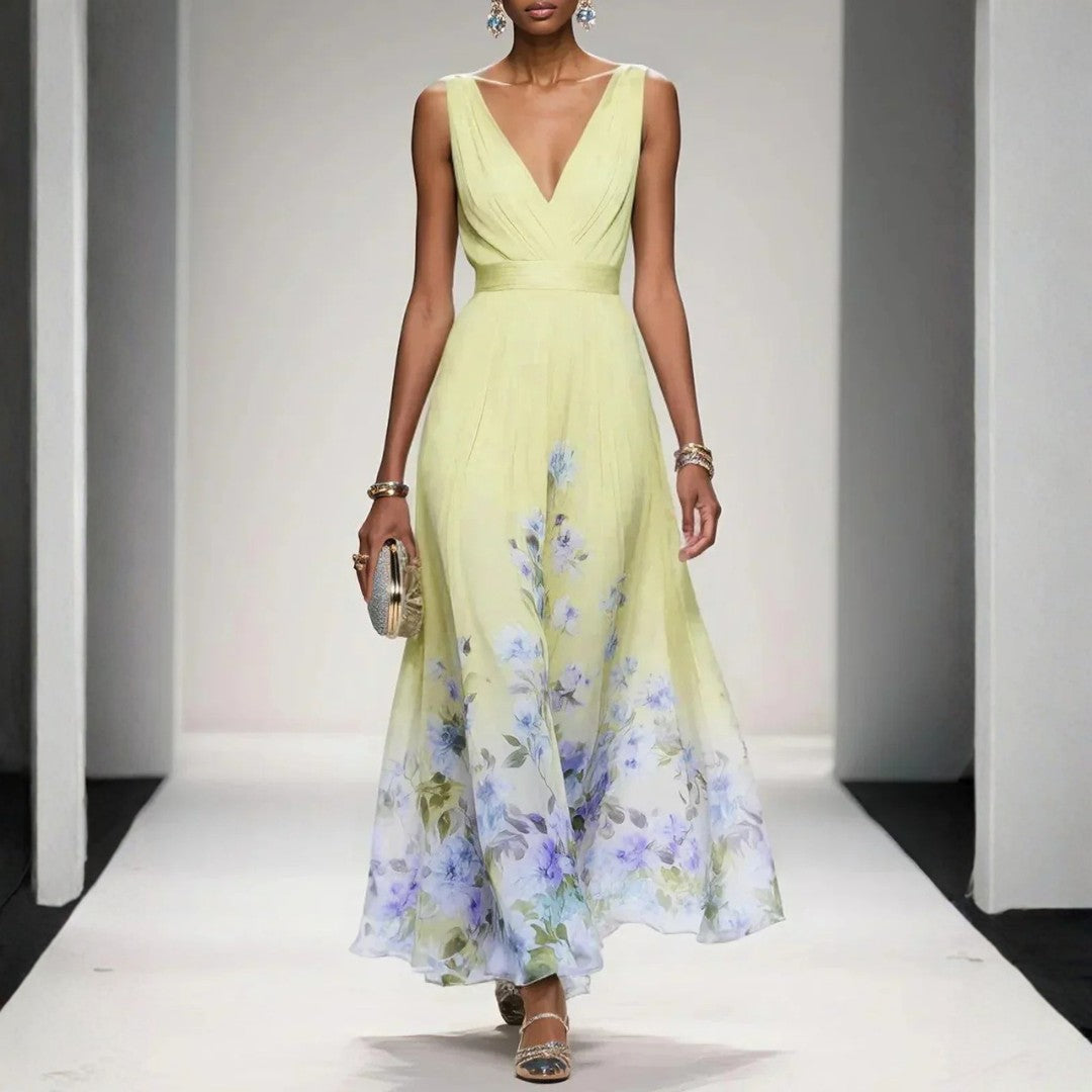 Robe longue à fleurs jaune pâle, imprimé floral en dégradé sur la jupe