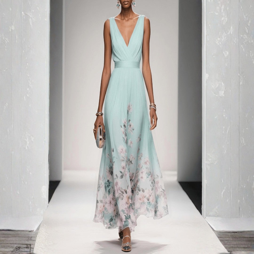 Robe longue à fleurs vert d'eau, buste drapé croisé, portée