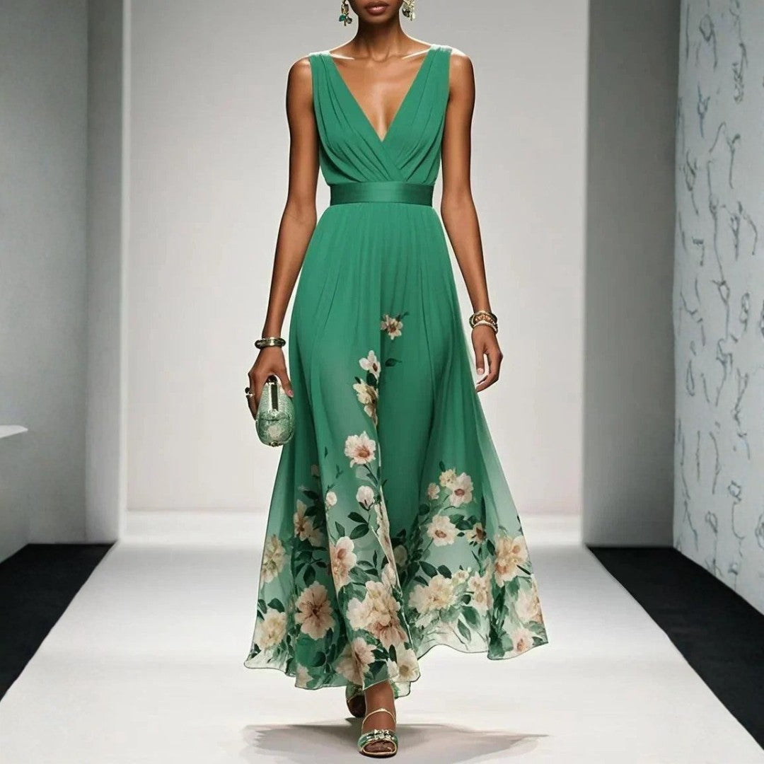 Robe longue à fleurs verte, buste drapé croisé, portée