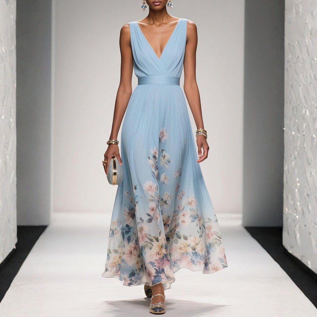 Robe longue à fleurs bleu ciel, imprimé floral en dégradé