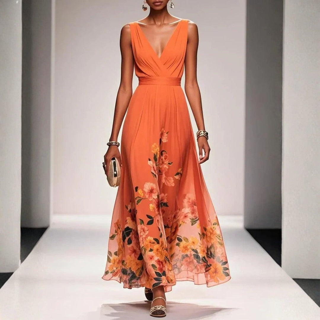 Robe longue à fleurs orange, décolleté en V, portée