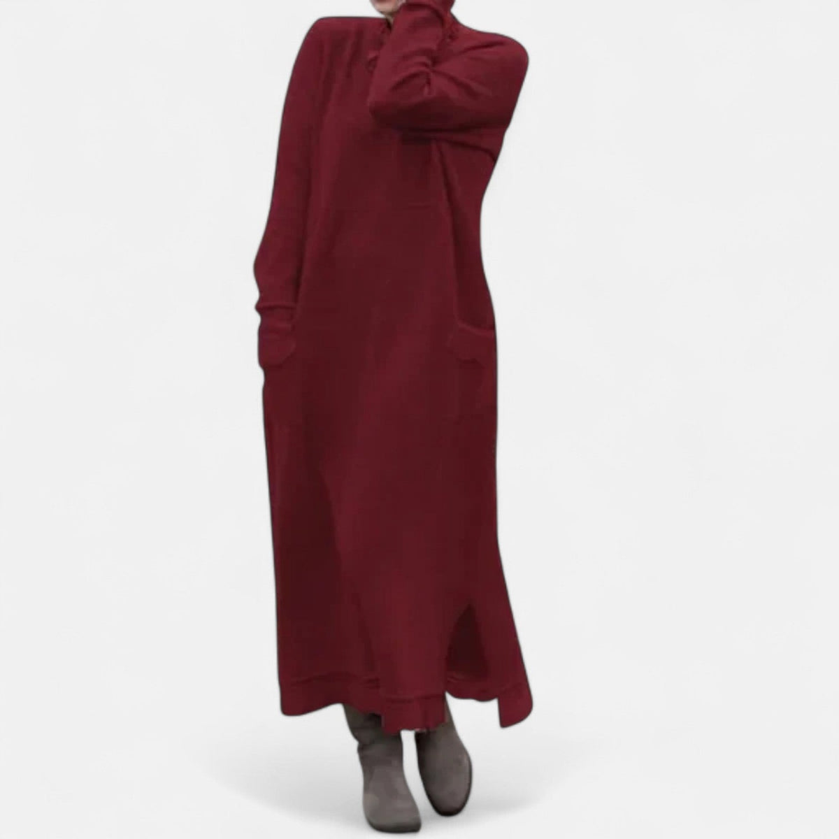 Robe longue en maille bordeaux à col montant et poches