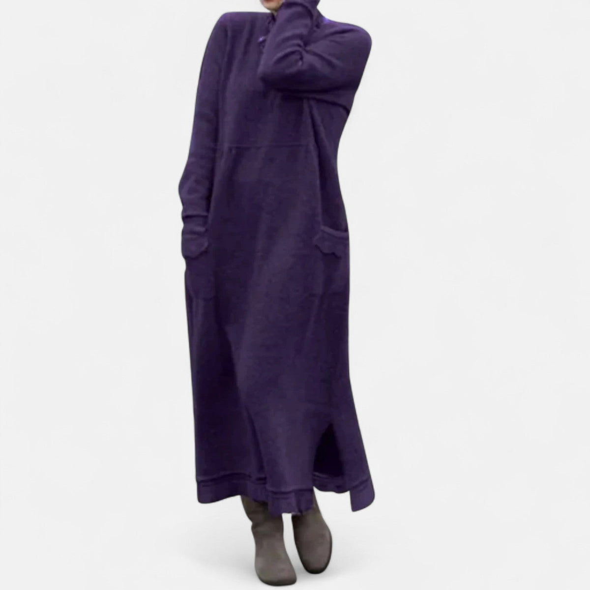 Robe longue en maille violette à col montant et poches