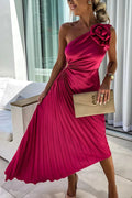 Robe longue plissée asymétrique, rose foncé