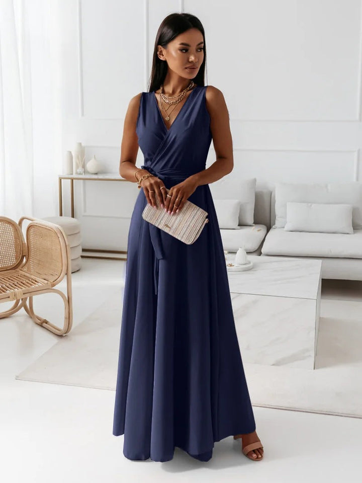 Robe longue portefeuille, coloris bleu marine, vue de face