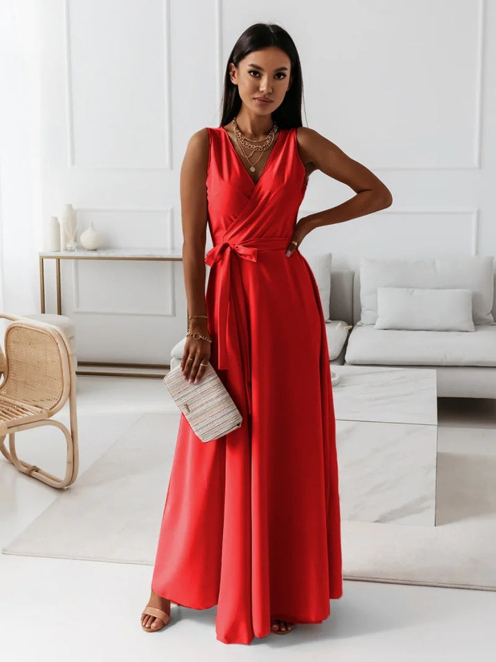 Robe longue portefeuille, coloris rouge, vue de face
