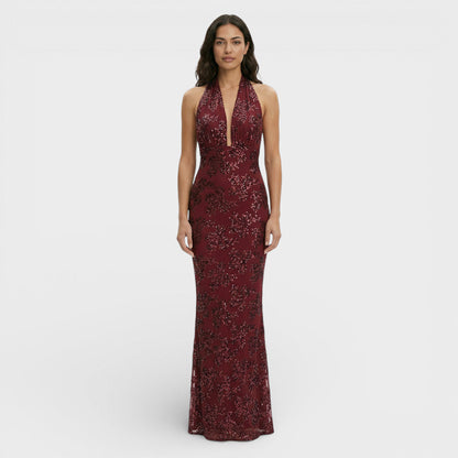 Robe longue sequins floraux, coloris bordeaux, vue de face