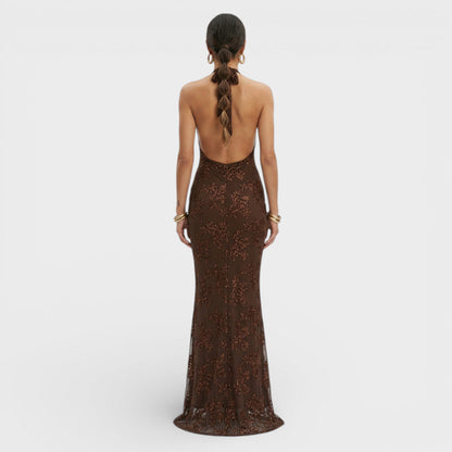 Robe longue sequins floraux, coloris marron foncé, vue de dos