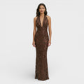 Robe longue sequins floraux, coloris marron foncé, vue de face