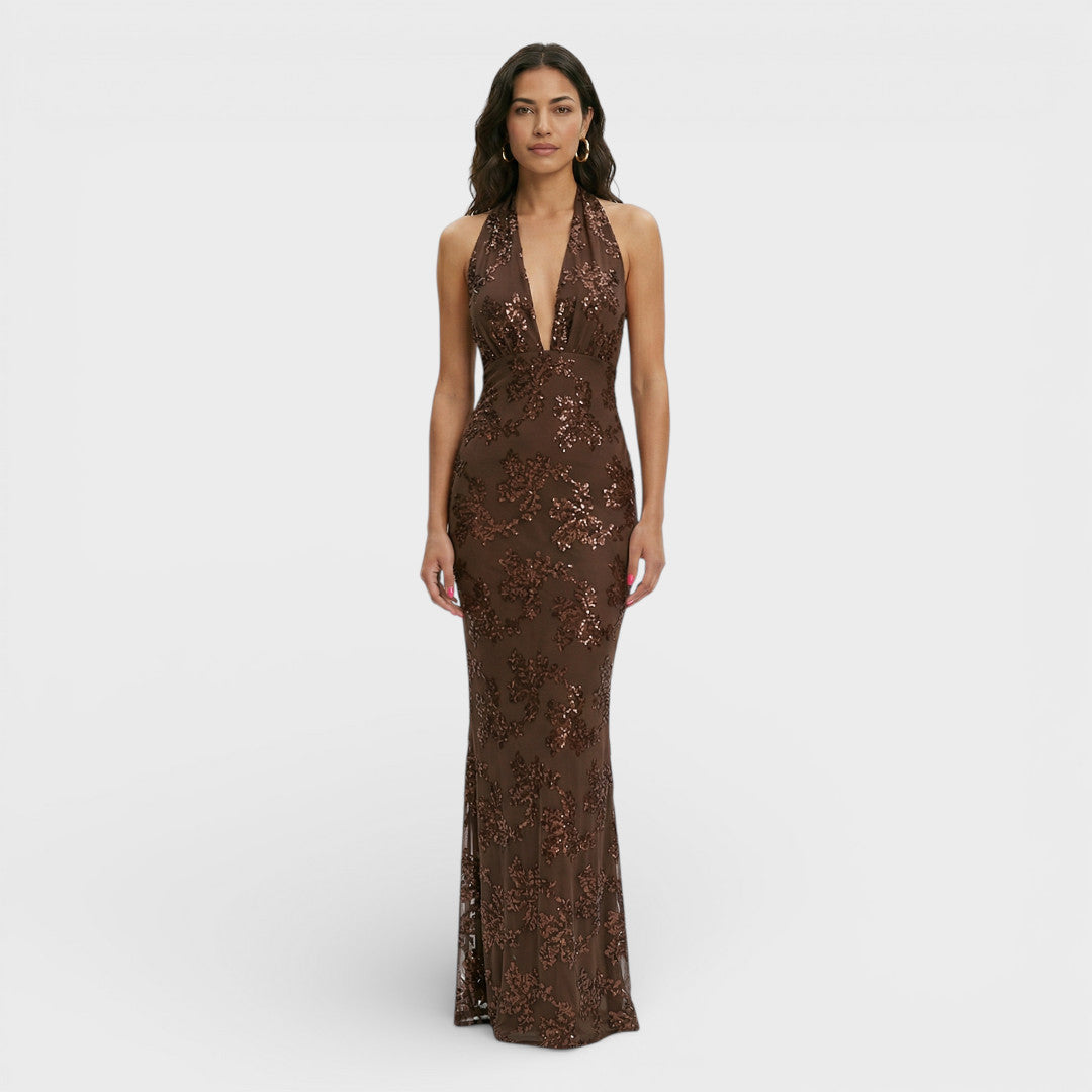 Robe longue sequins floraux, coloris marron foncé, vue de face