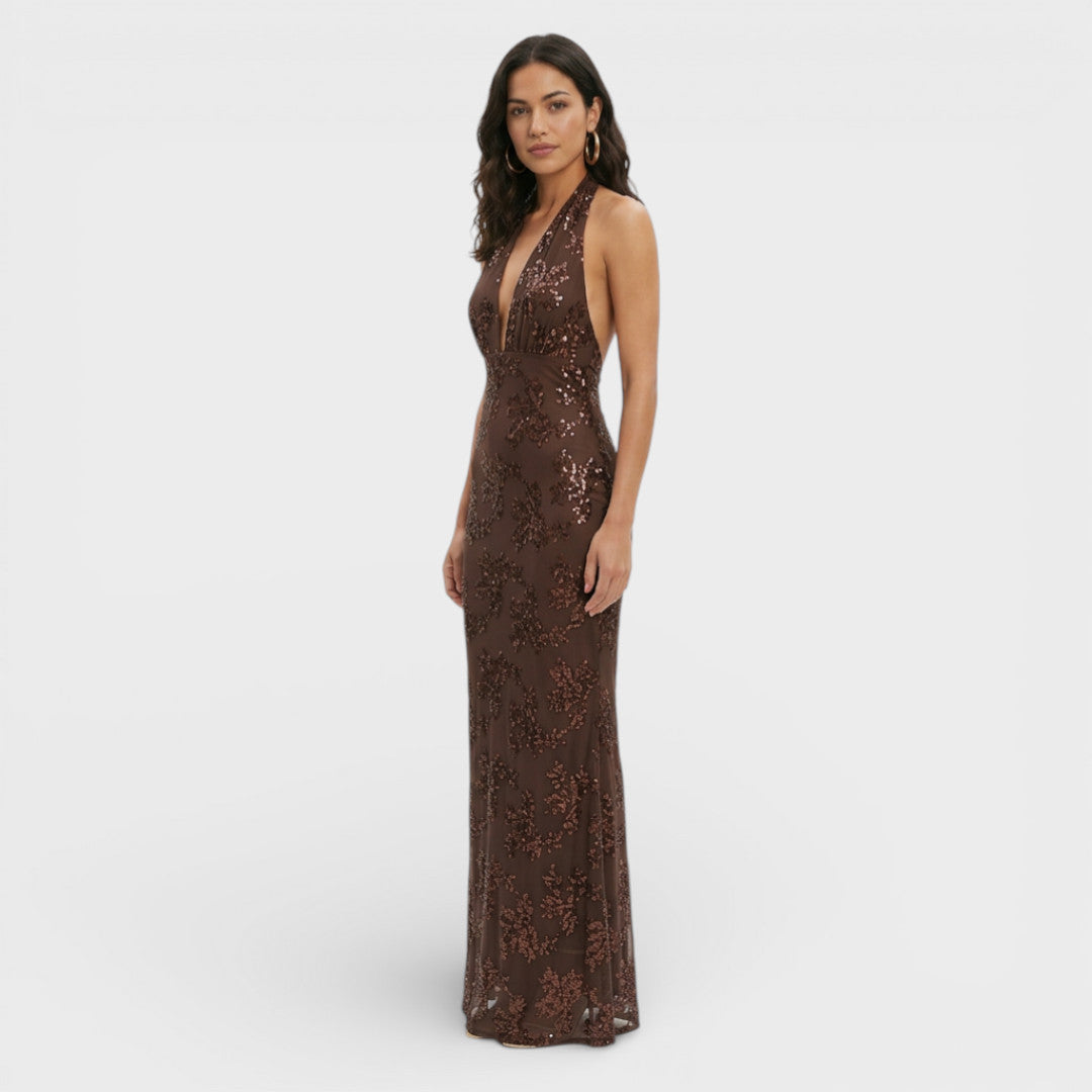 Robe longue sequins floraux, coloris marron foncé, vue de trois quarts
