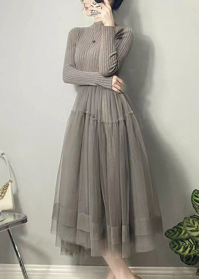 Robe maille et tulle, coloris gris, porté en tenue, vue 2