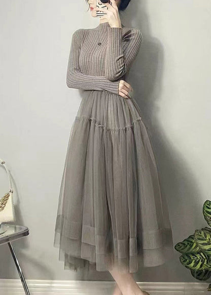 Robe maille et tulle, coloris gris, porté en tenue, vue 2