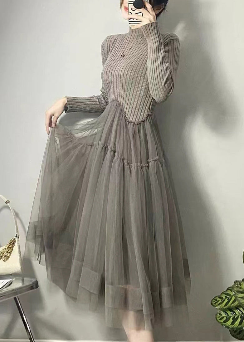 Robe maille et tulle, coloris gris, porté en tenue, vue 3