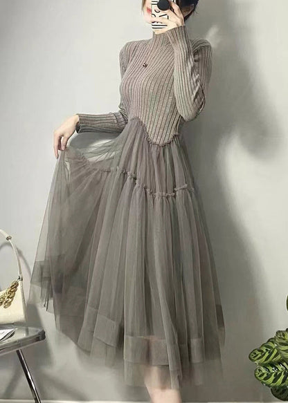 Robe maille et tulle, coloris gris, porté en tenue, vue 3