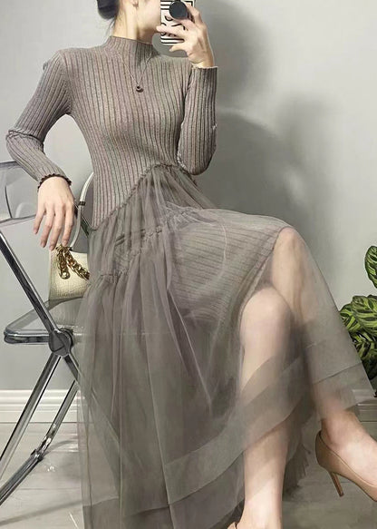 Robe maille et tulle, coloris gris, porté en tenue, vue 4
