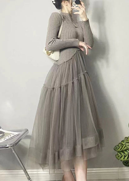 Robe maille et tulle, coloris gris, porté en tenue, vue 5