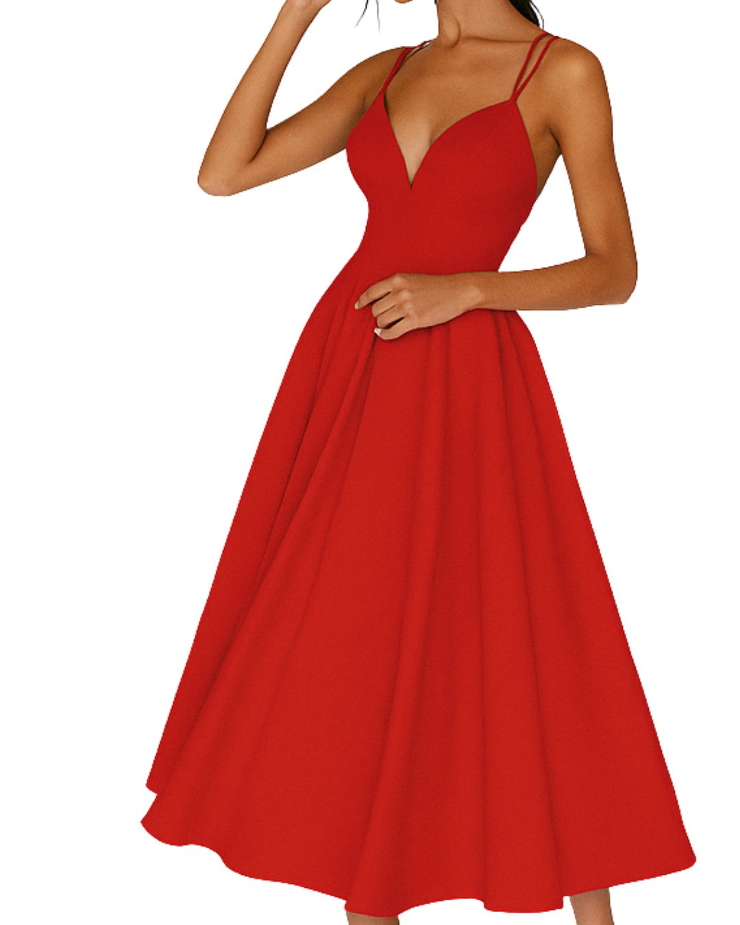 Robe midi rouge à décolleté cœur et jupe ample