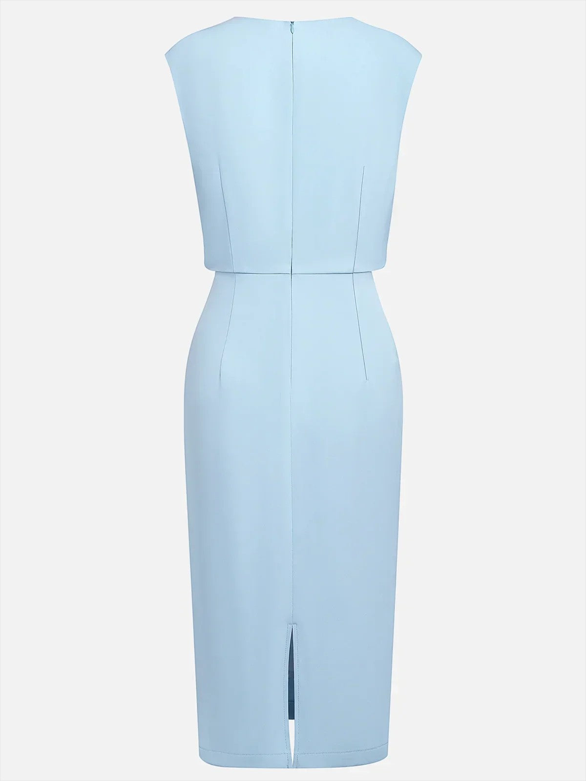 Robe midi bleu ciel posée à plat, vue de dos avec fente