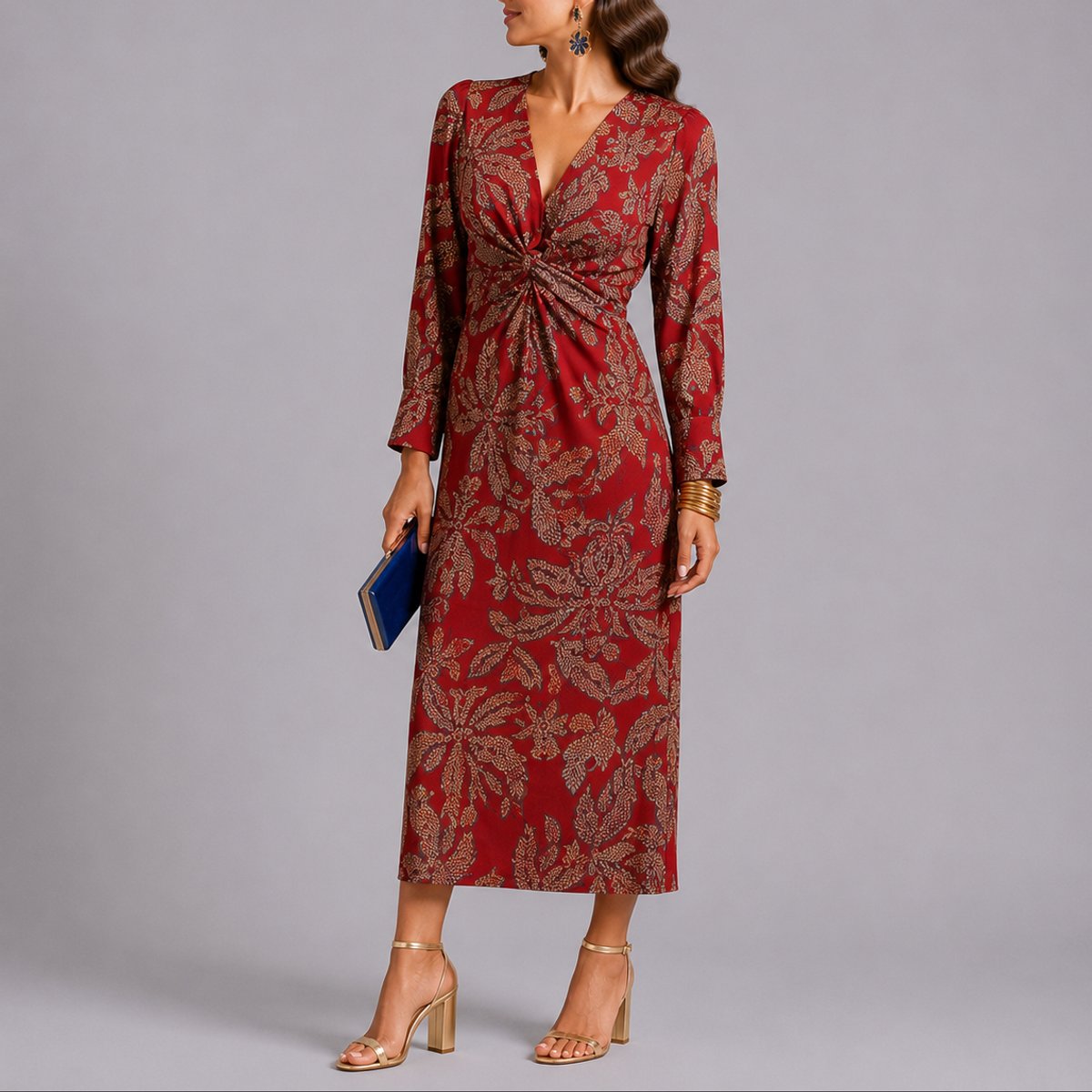 Robe midi fleurie torsadée, rouge