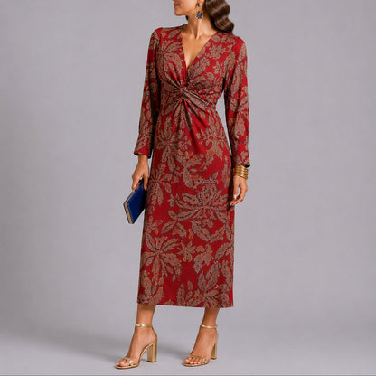 Robe midi fleurie torsadée, rouge