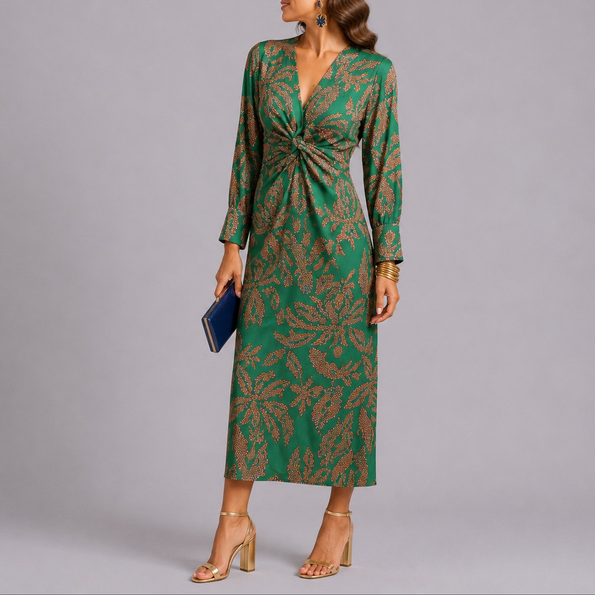 Robe midi fleurie torsadée, vert