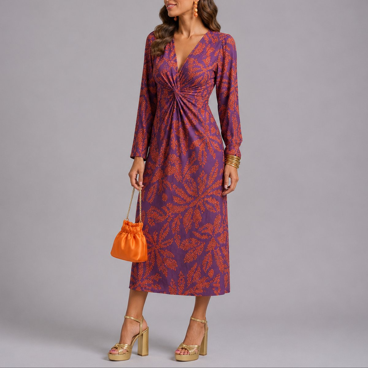 Robe midi fleurie torsadée, violet