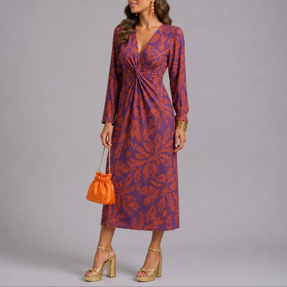 Robe midi fleurie torsadée, violet