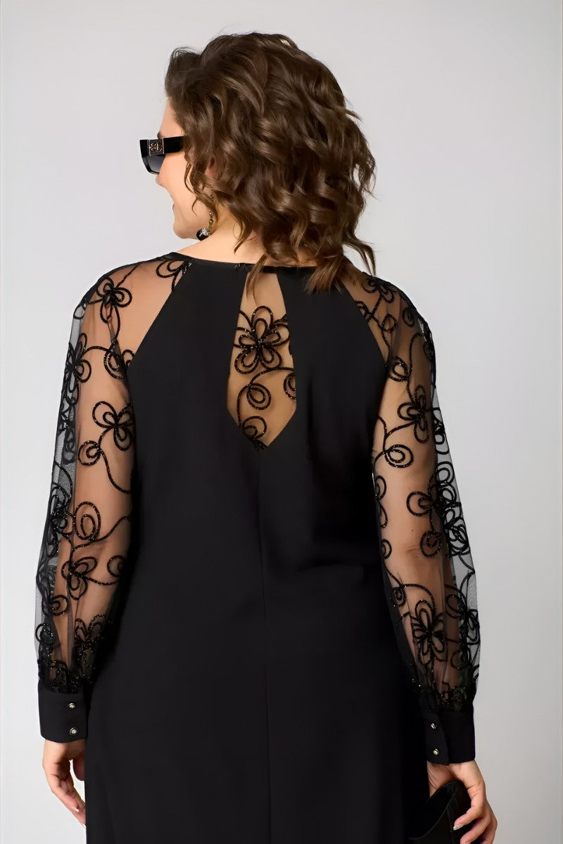 Robe midi manches dentelle, coloris noir, vue de dos