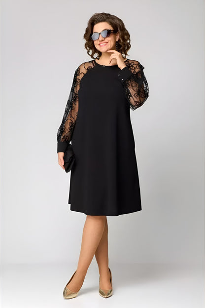 Robe midi manches dentelle, coloris noir, vue de trois quarts