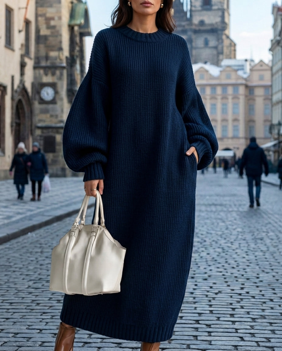 Robe oversize en maille bleu marine à manches ballon, portée en ville