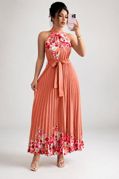 Robe plissée à fleurs, abricot