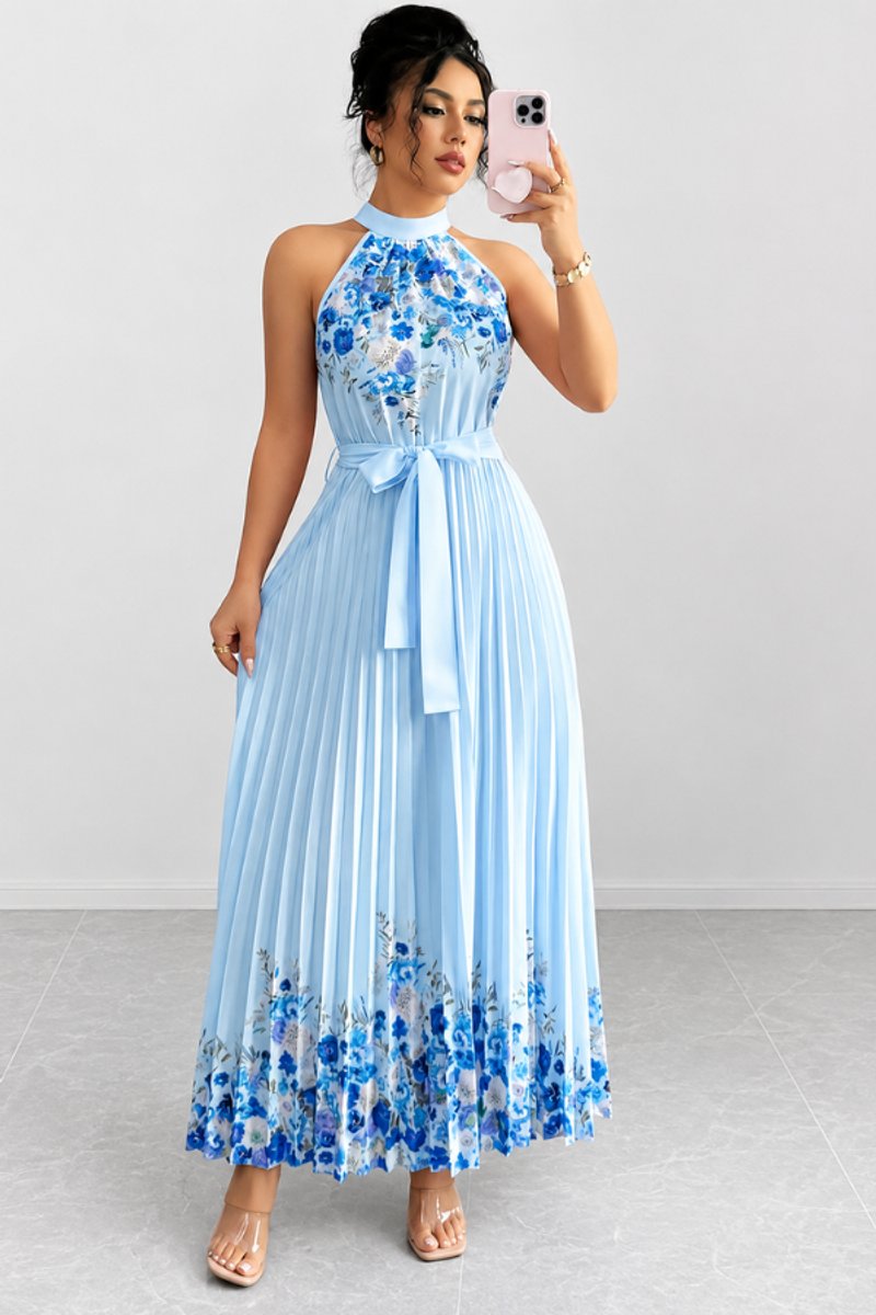 Robe plissée à fleurs, bleu clair