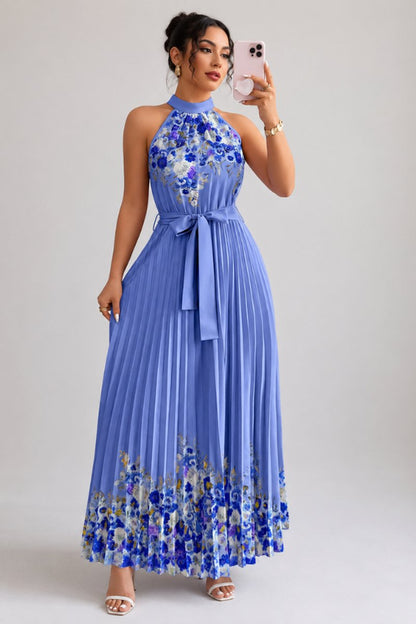 Robe plissée à fleurs, bleu vif