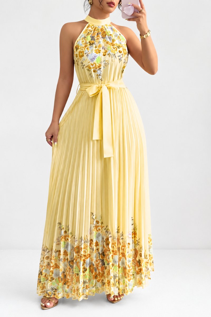 Robe plissée à fleurs, jaune
